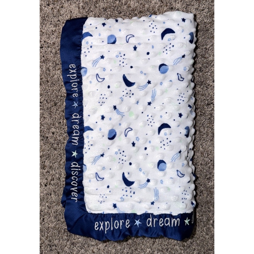 Just Born Baby Blanket Plush Blue White Explore Dream Discover Satin Minky Dot
